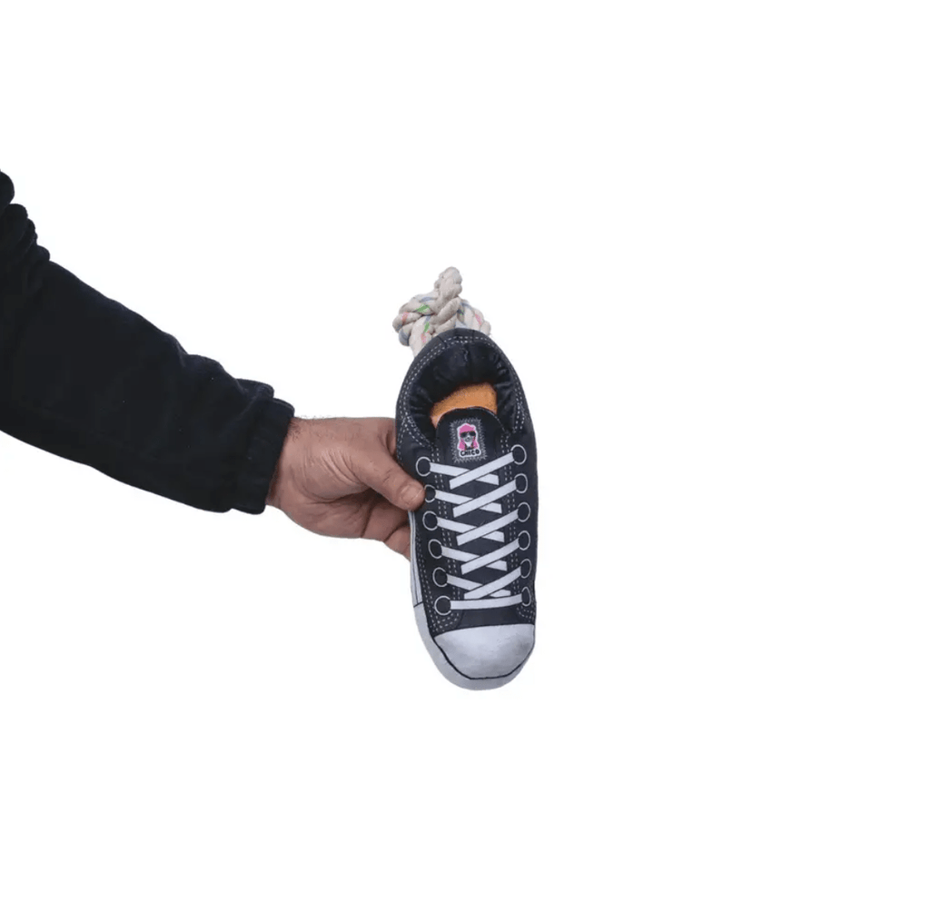 Squeaky Comfort Plush Sneaker Dog Toy – with Treat Compartment, Safe & Durable – Black - Mac's Got More