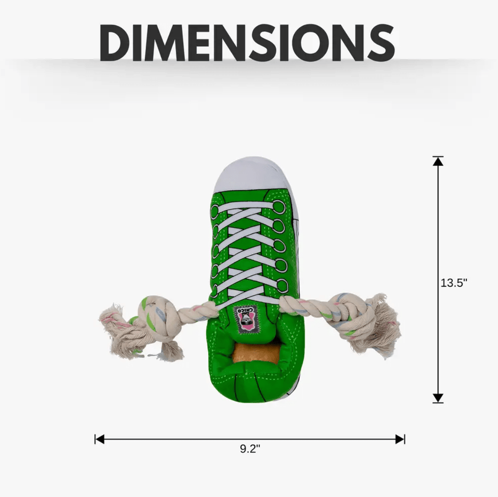 Squeaky Comfort Plush Sneaker Dog Toy – with Treat Compartment, Safe & Durable – Green - Mac's Got More