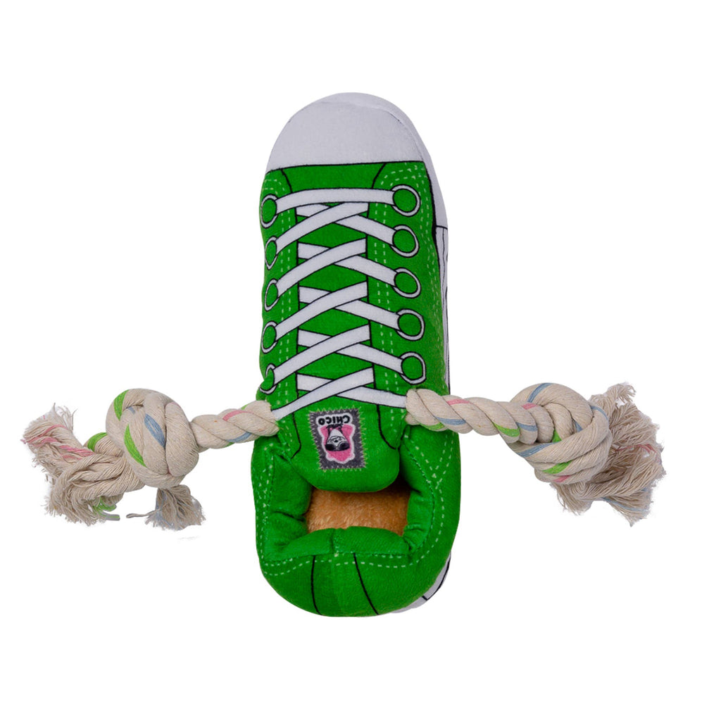 Squeaky Comfort Plush Sneaker Dog Toy – with Treat Compartment, Safe & Durable – Green - Mac's Got More