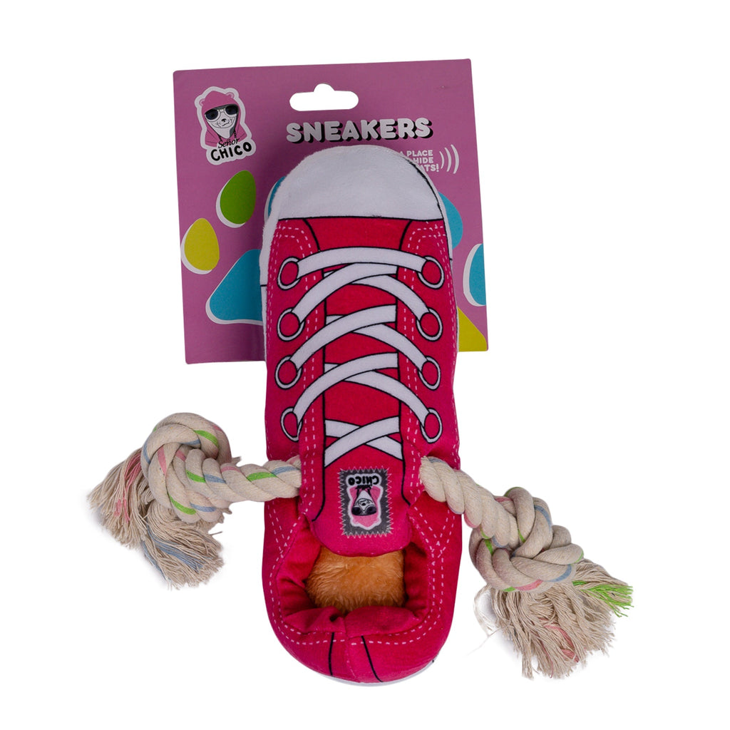 Squeaky Comfort Plush Sneaker Dog Toy – with Treat Compartment, Safe & Durable – Pink - Mac's Got More
