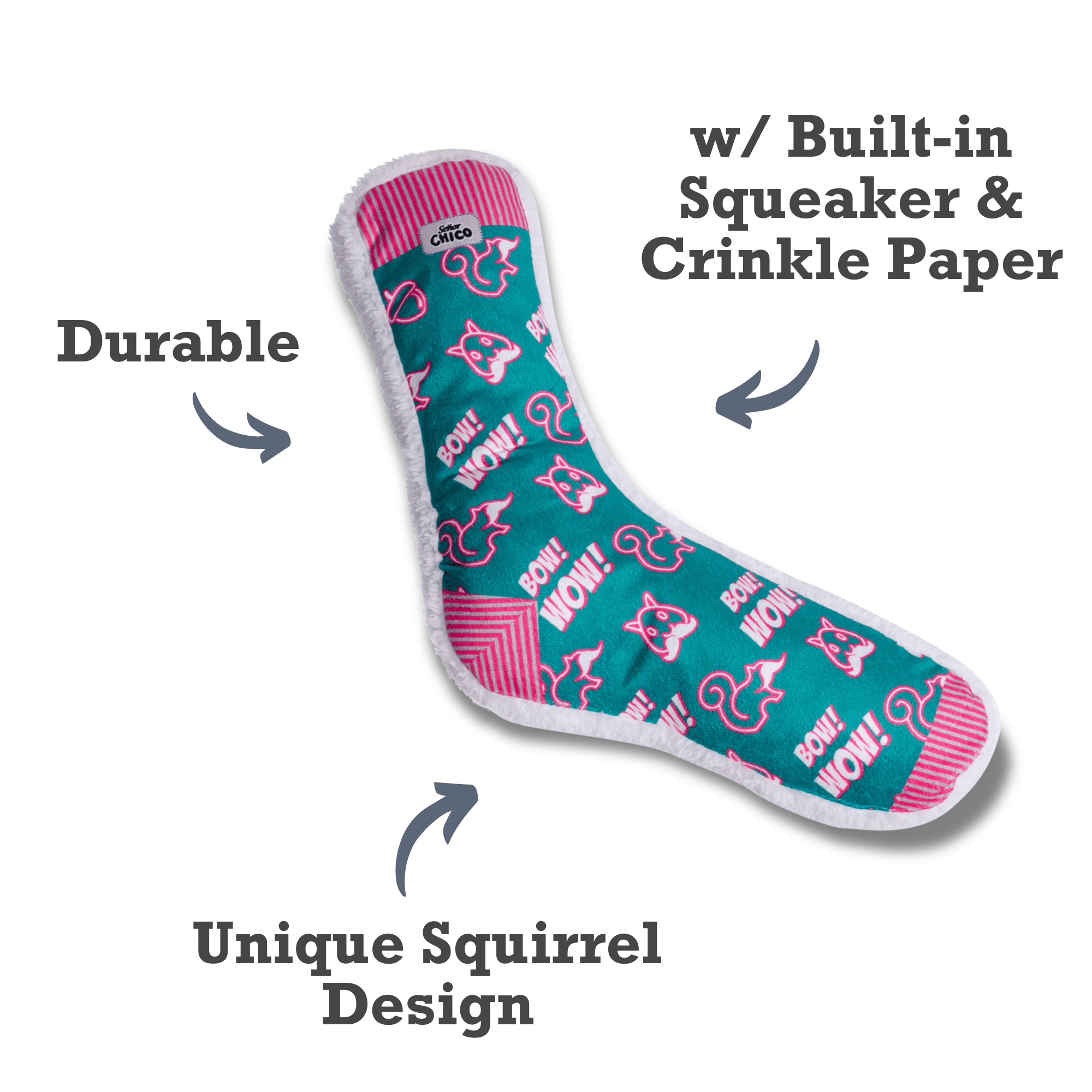 Squeaky Sock Plush Dog Toy – Whimsy Wonders Squirrel Design - Mac's Got More