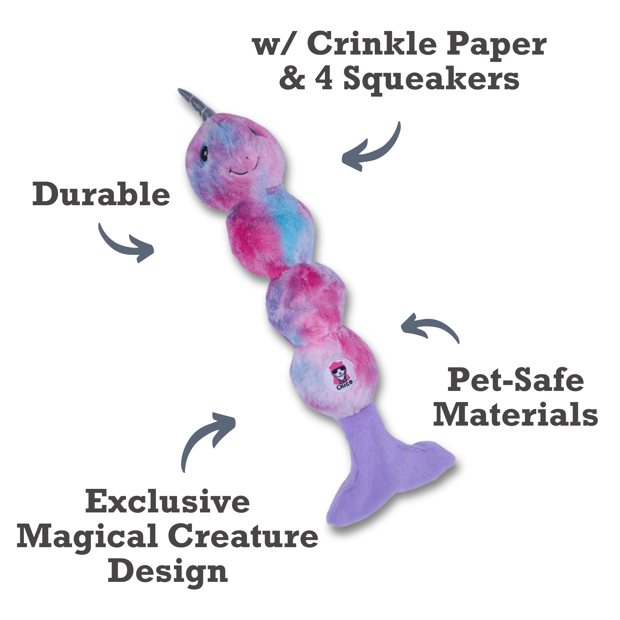 Tie Dye Skinny Narwhal Magical Creature Plush Dog Toy – with Squeaker & Crinkle Paper for Fun Play - Mac's Got More