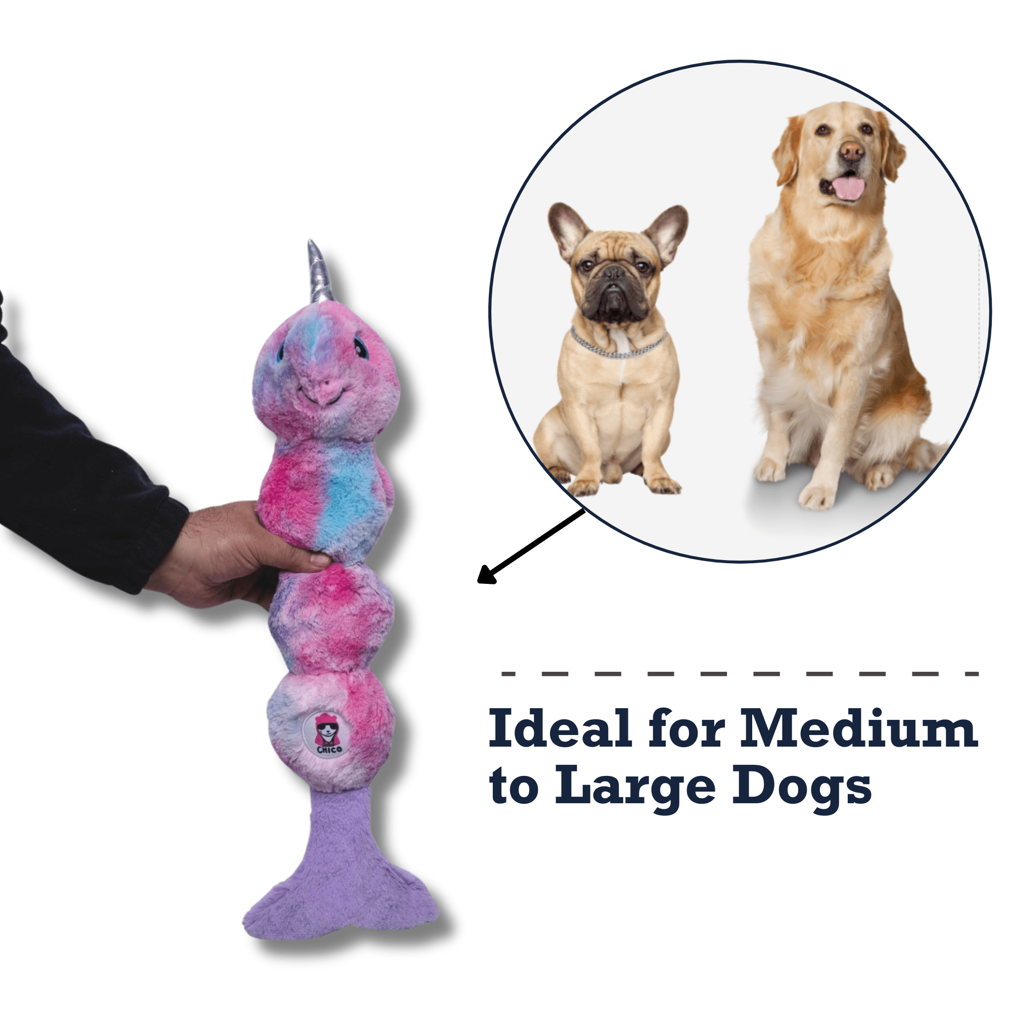 Tie Dye Skinny Narwhal Magical Creature Plush Dog Toy – with Squeaker & Crinkle Paper for Fun Play - Mac's Got More
