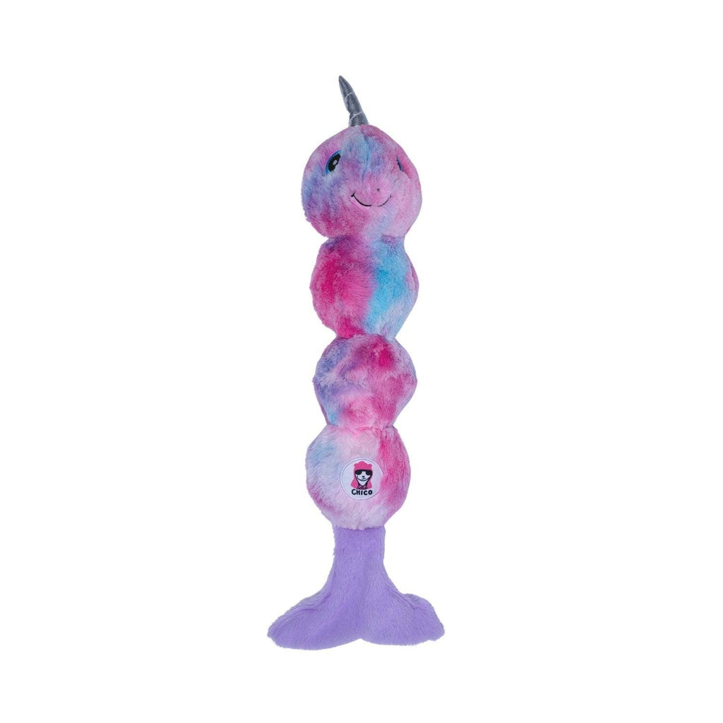Tie Dye Skinny Narwhal Magical Creature Plush Dog Toy – with Squeaker & Crinkle Paper for Fun Play - Mac's Got More