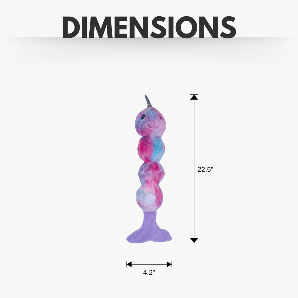 Tie Dye Skinny Narwhal Magical Creature Plush Dog Toy – with Squeaker & Crinkle Paper for Fun Play - Mac's Got More