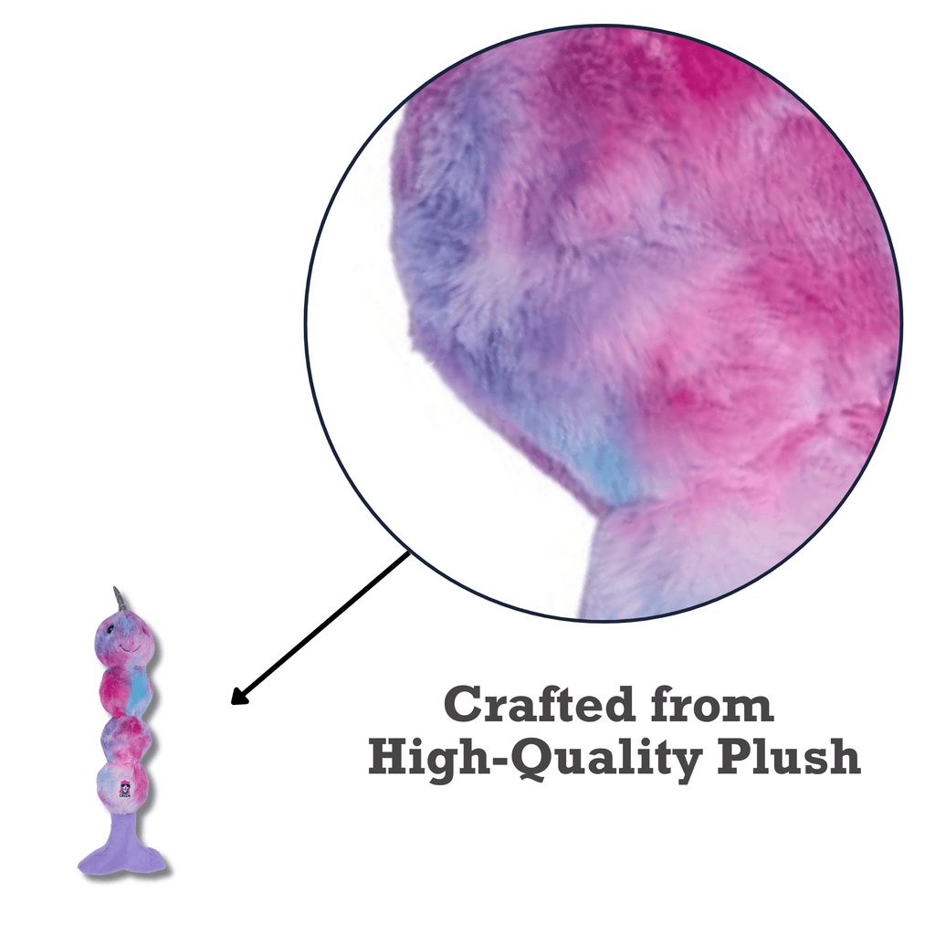 Tie Dye Skinny Narwhal Magical Creature Plush Dog Toy – with Squeaker & Crinkle Paper for Fun Play - Mac's Got More