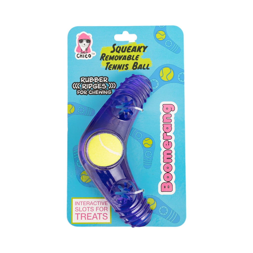 TPR Boomerang Dog Chew Toy with Removable Squeaker Tennis Ball & Treat Fill - Mac's Got More