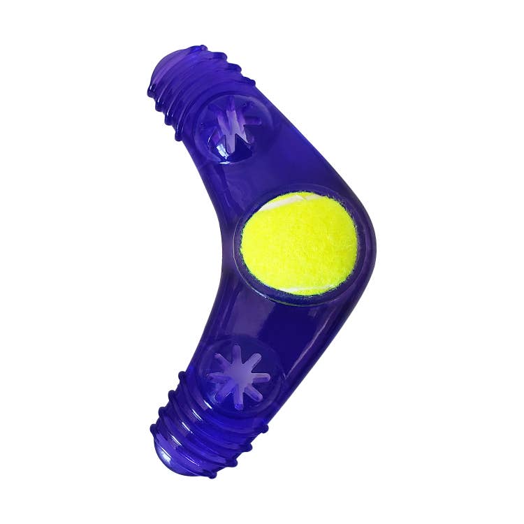TPR Boomerang Dog Chew Toy with Removable Squeaker Tennis Ball & Treat Fill - Mac's Got More