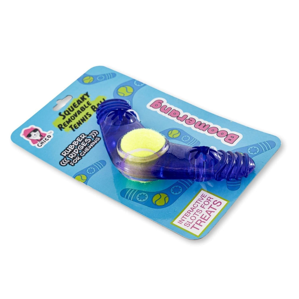 TPR Boomerang Dog Chew Toy with Removable Squeaker Tennis Ball & Treat Fill - Mac's Got More