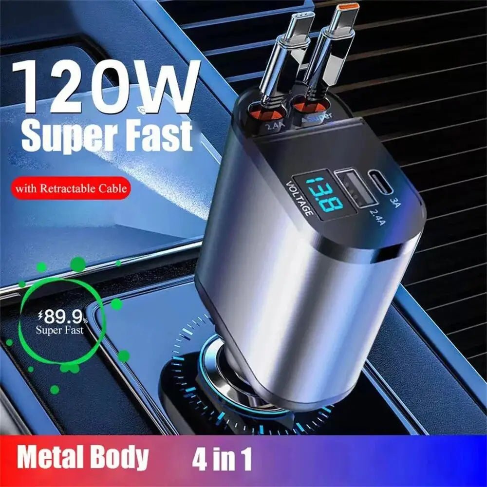 VoltRush™ 4 - in - 1 Retractable Car Charger – Fast Power, Zero Clutter - Mac's Got More