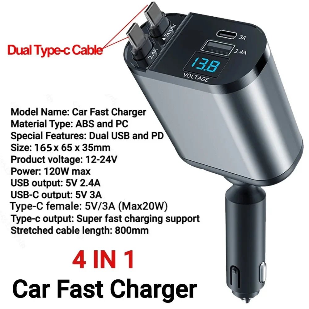 VoltRush™ 4 - in - 1 Retractable Car Charger – Fast Power, Zero Clutter - Mac's Got More