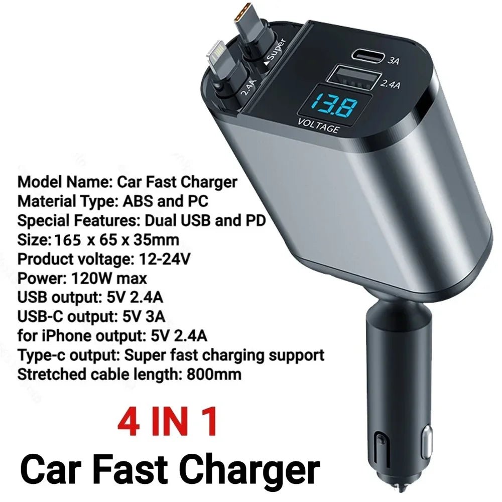 VoltRush™ 4 - in - 1 Retractable Car Charger – Fast Power, Zero Clutter - Mac's Got More